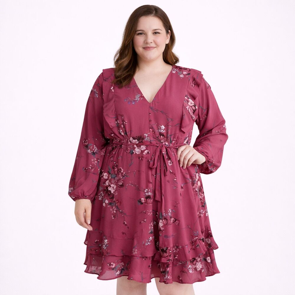 City Chic Pink Lauren Floral Rosey Tiered Ruffle Dress L